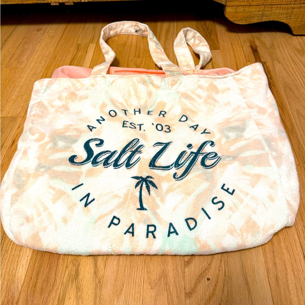 Salt Life Lounging Beach Tote Bag. Tropical Colors. Cotton Towel Fabric